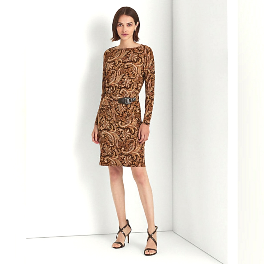 Lauren Ralph Lauren (Black Label Tag) Paisley Buckle-Trim Stretch Dress, Sz 2